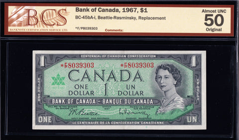 1967 Bank of Canada $1 Replacement *F/P BCS Choice AU-50 Original (BC-45bA-i)