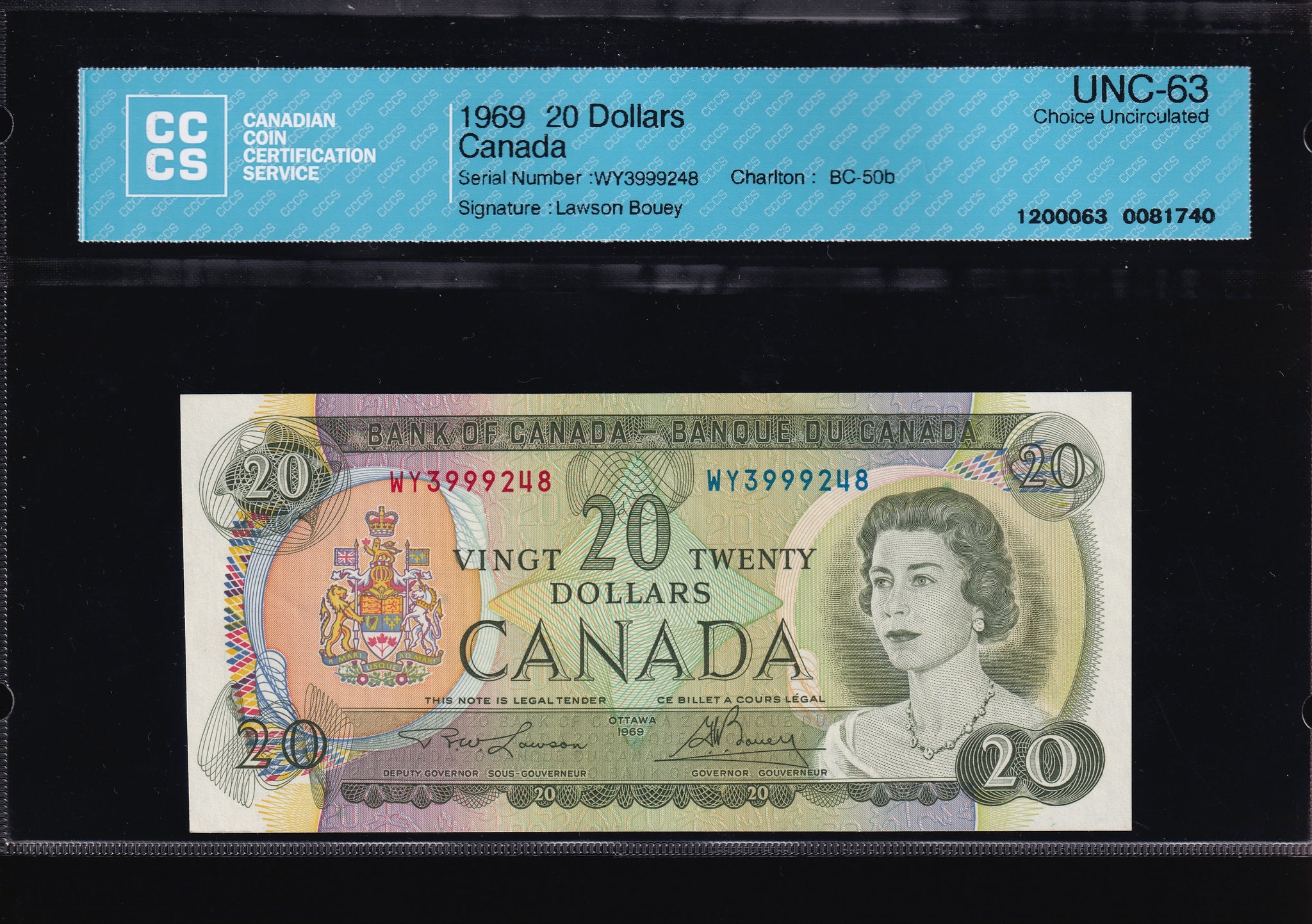 1969 Bank of Canada $20 CCCS Choice UNC-63 Consecutive 3 of 3 (BC-50b)