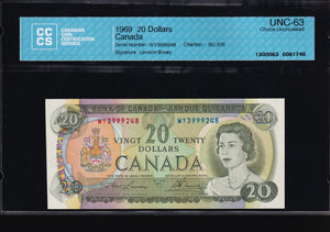 1969 Bank of Canada $20 CCCS Choice UNC-63 Consecutive 3 of 3 (BC-50b)