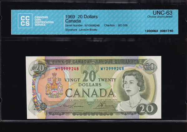 1969 Bank of Canada $20 CCCS Choice UNC-63 Consecutive 3 of 3 (BC-50b)