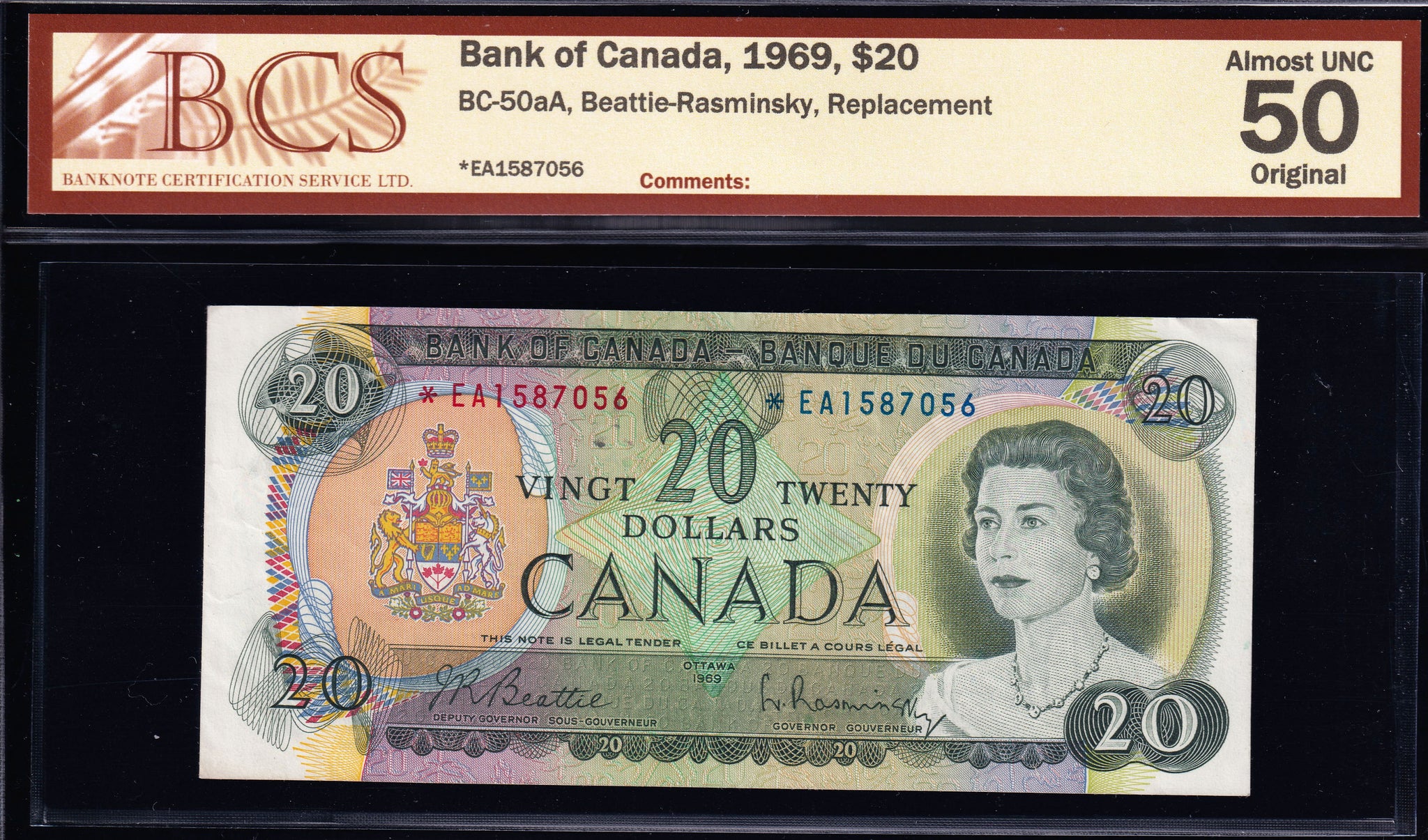 1969 Bank of Canada $20 Replacement * EA BCS AU-50 Original (BC-50aA)