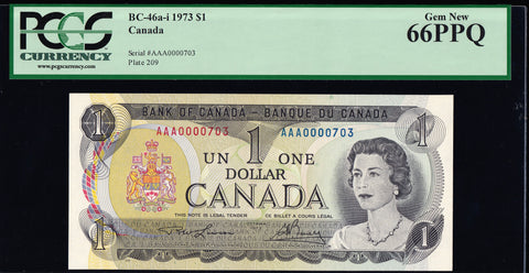 1973 Bank of Canada $1 "Low Serial 0000703" PCGS GEM UNC66 PPQ (BC-46a-i)