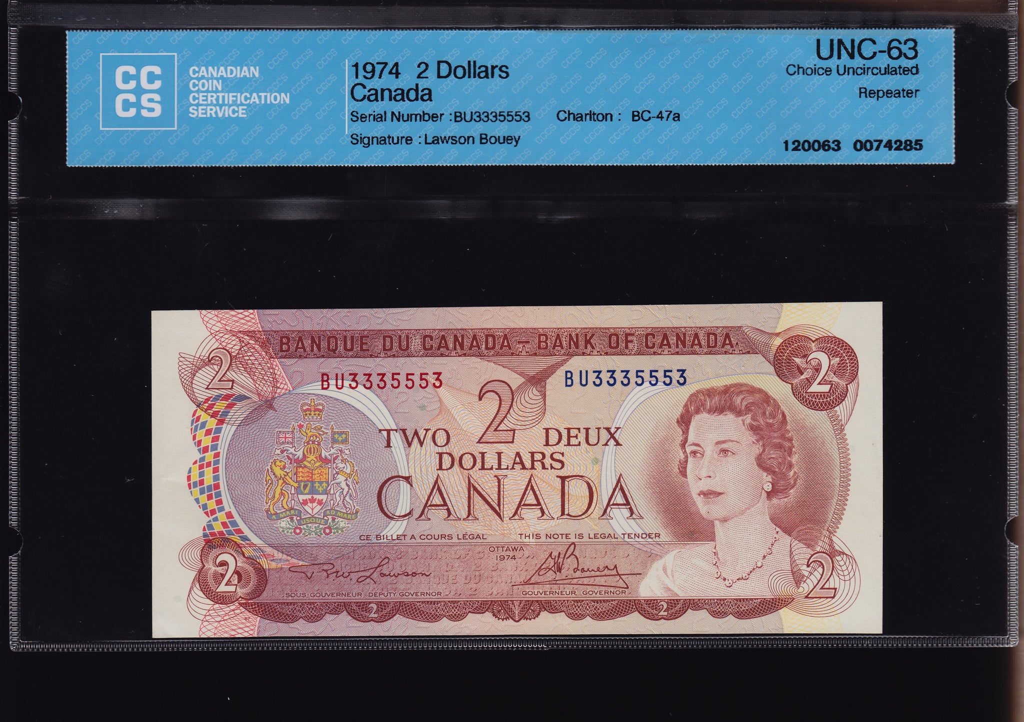 1974 Bank of Canada $2 Repeater in CCCS Choice UNC 63