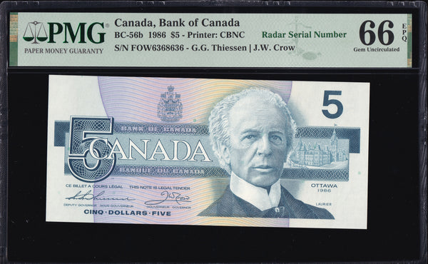 1986 Bank of Canada $5 "3 Digit Radar" PMG Gem UNC-66 EPQ (BC-56b -N1)