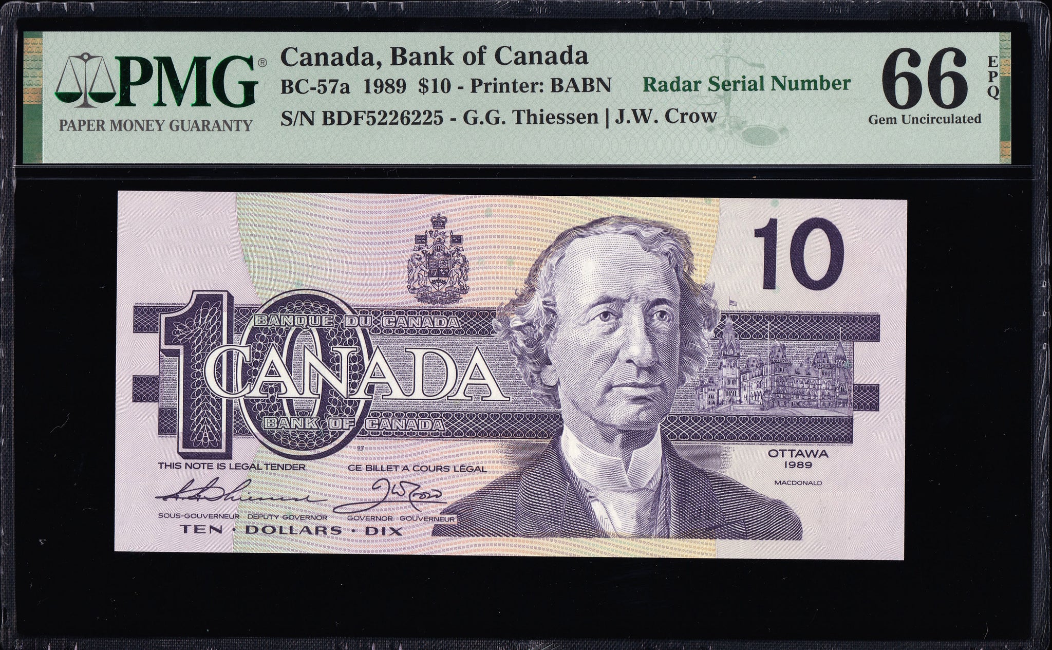 1989 Bank of Canada $10 "3 Digit Radar" in PMG Gem UNC-66 (BC-57a - N1)