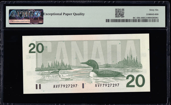 1991 Bank of Canada $20 "3 Digit Radar" in PMG Gem UNC-66 (BC-58b-i -N1)