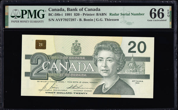 1991 Bank of Canada $20 "3 Digit Radar" in PMG Gem UNC-66 (BC-58b-i -N1)