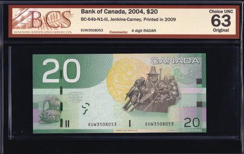 2004 Bank of Canada $20 "Radar" in BCS Choice UNC-63 Original (BC-64b -N1)