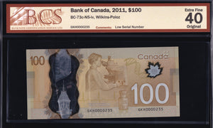 2011 Bank of Canada $100 Low Serial "235" BCS EF-40 Original (BC-73c - N5)