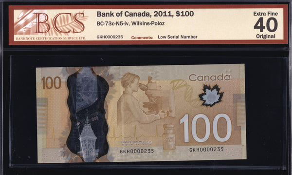 2011 Bank of Canada $100 Low Serial "235" BCS EF-40 Original (BC-73c - N5)