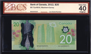 2012 Bank of Canada $20 Low Serial "25" BCS EF40 Original (BC-71a - N5)