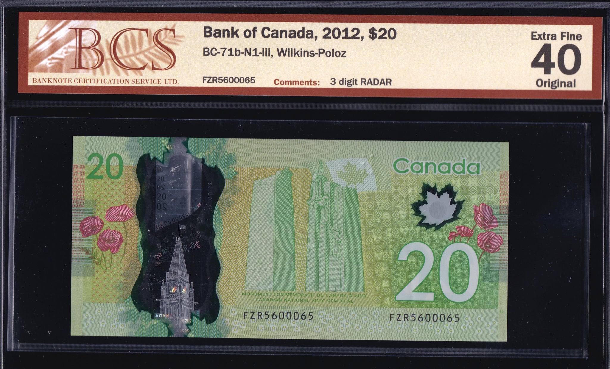 2012 Bank of Canada $20 "3 Digit Radar in BCS EF40 Original (BC-71b - N1)