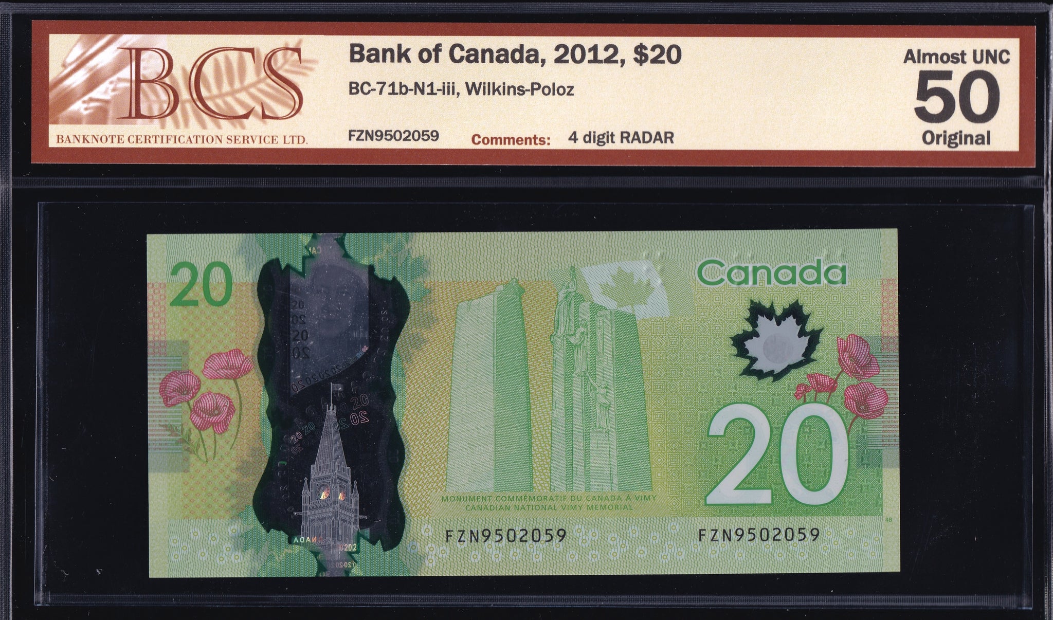 2012 Bank of Canada $20 "4 Digit Radar in BCS AU-50 Original (BC-71b - N1)