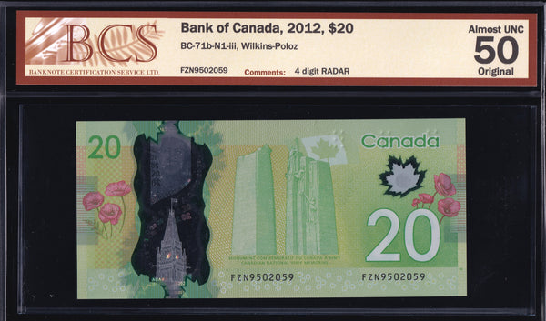 2012 Bank of Canada $20 "4 Digit Radar in BCS AU-50 Original (BC-71b - N1)