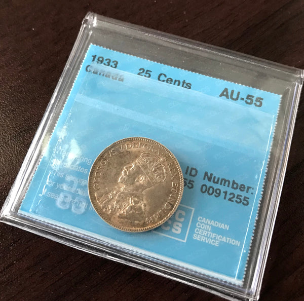 1933 Canadian 25 cents Certified CCCS AU55