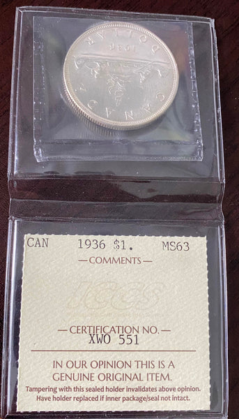 1936 Canadian Silver Dollar $1 Graded ICCS MS-63