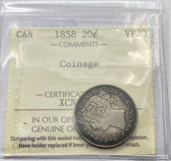 1858 Canadian 20 cents "Coinage" ICCS VF20