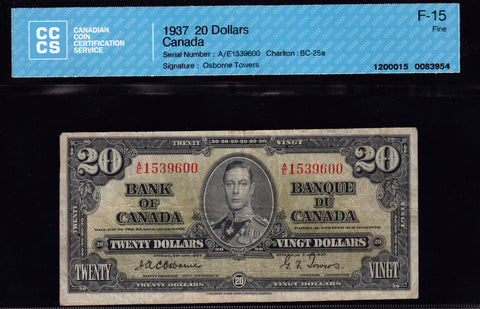 1937 Bank of Canada $20 Osborne CCCS Fine15 (BC-25a)