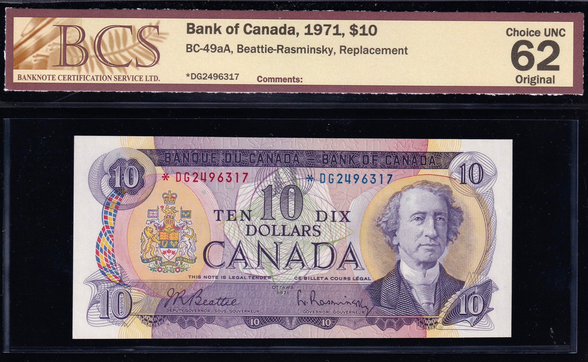 1971 Bank of Canada Replacement $10 BCS CH UNC-62 (BC-49aA) – KC's