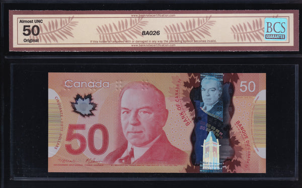 2012 Bank of Canada $50 Radar 3 Digits BCS AU-50 Original