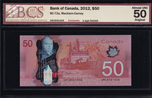 2012 Bank of Canada $50 Radar 3 Digits BCS AU-50 Original