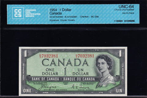 1954 Bank of Canada $1 Devils Face "Consecutive" CCCS UNC-64 (BC-29a)