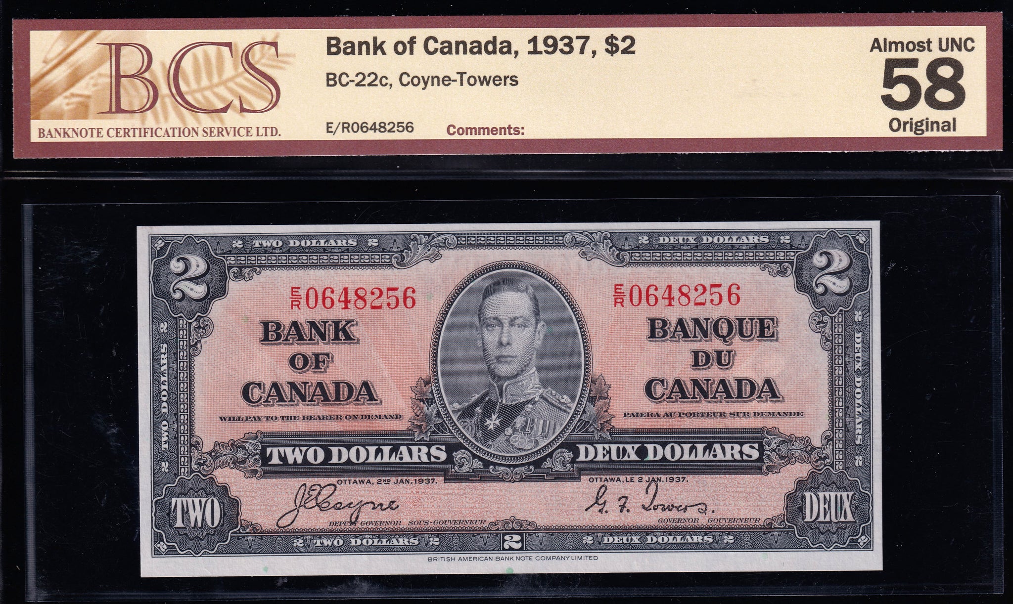 1937 Bank of Canada $2 BCS AU58 Original (BC-22c)