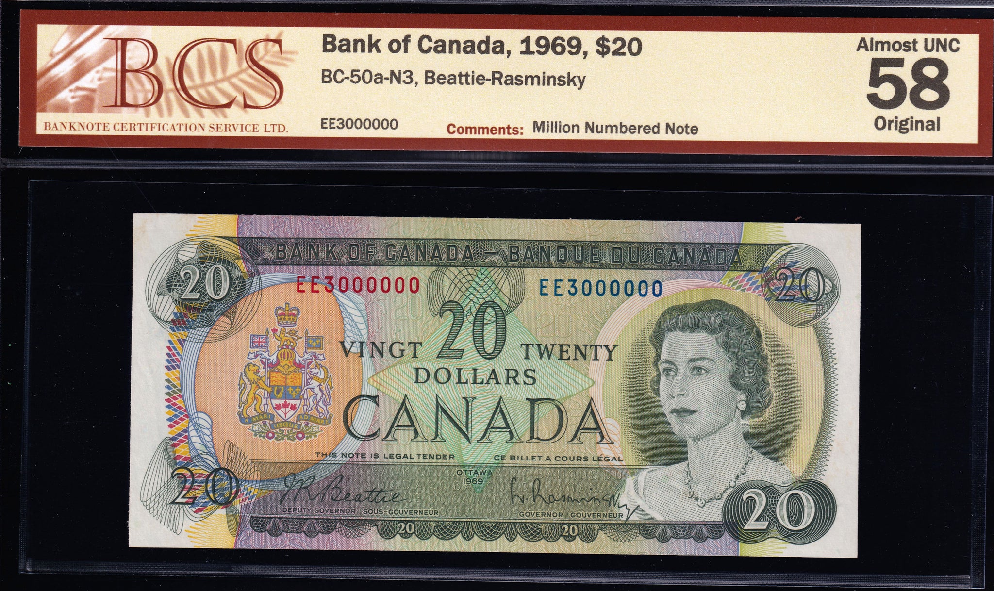 1969 Bank of Canada $20 "Million Serial 3000000" BCS AU-58 Original (BC-50a - N3)