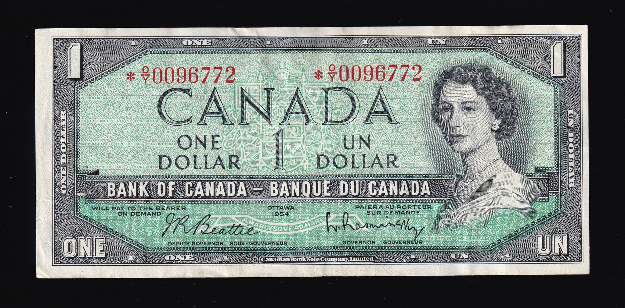 1954 Bank of Canada $1 Replacement *O/Y in VF+ (BC-37bA)