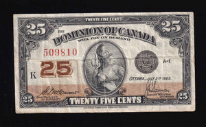 1923 Dominion of Canada 25 cents "Shinplaster" VF (DC-24c)