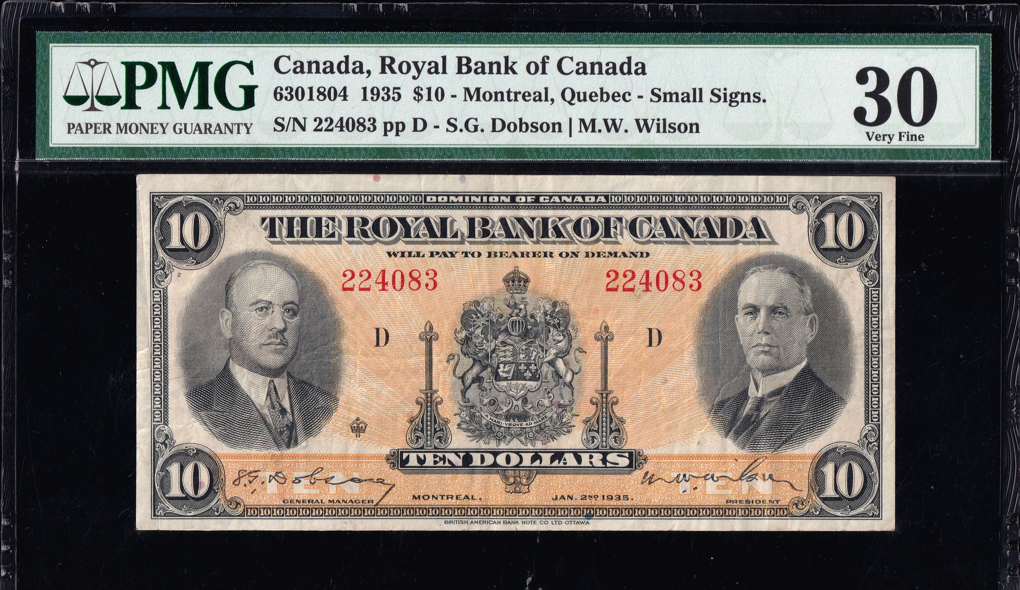 1935 Royal Bank of Canada $10 "Small signature" PMG VF30