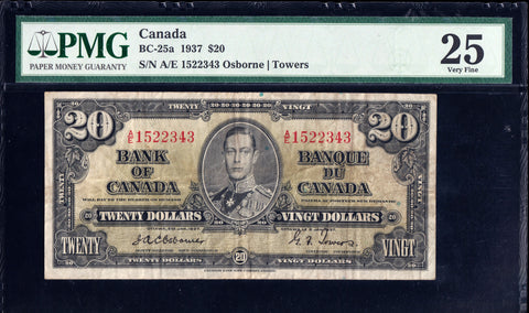 1937 Bank of Canada $20 "Osborne" in PMG VF25 (BC-25a)