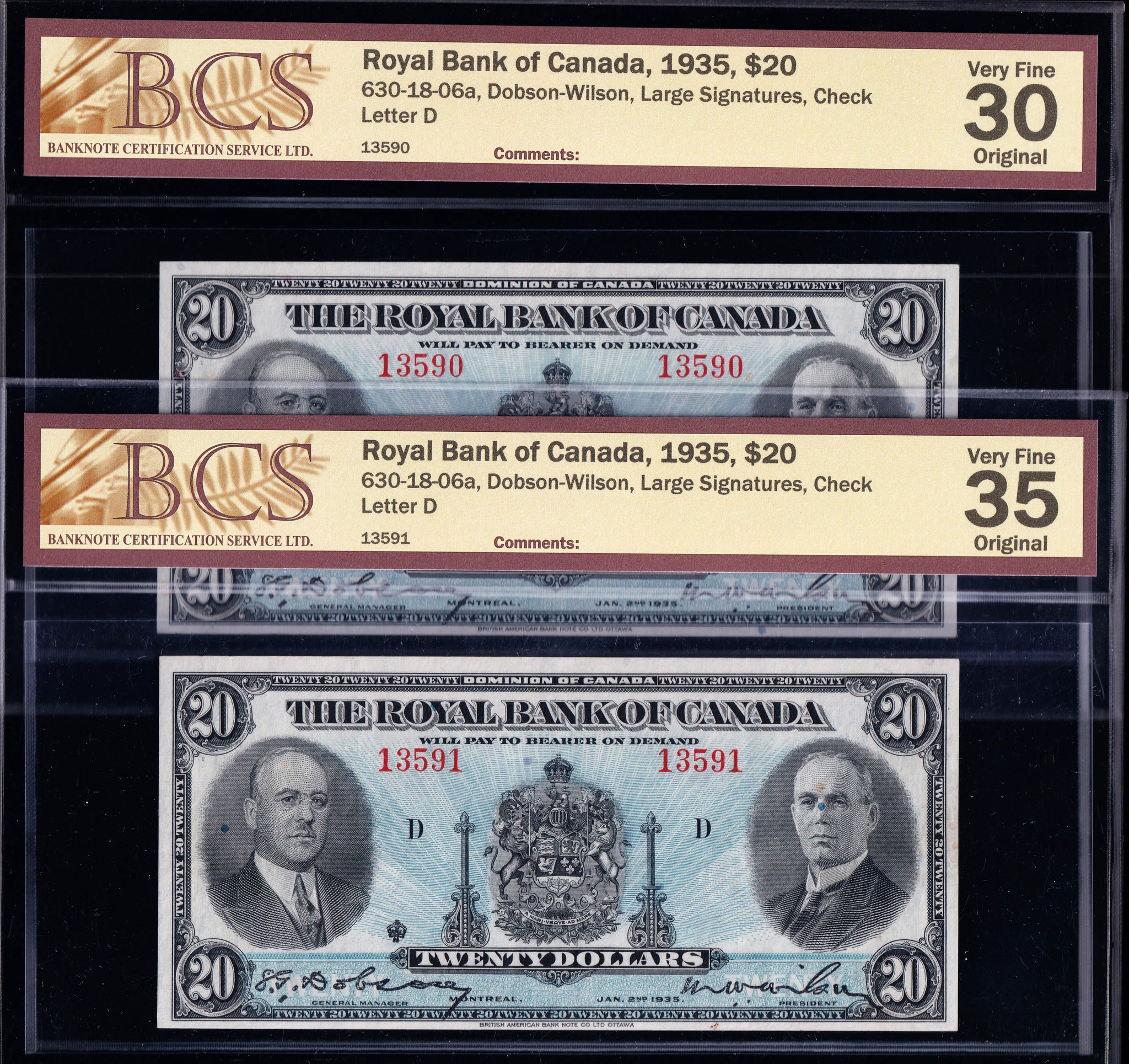 1935 Royal Bank of Canada $20 Consecutive Pair in VF/EF Condition