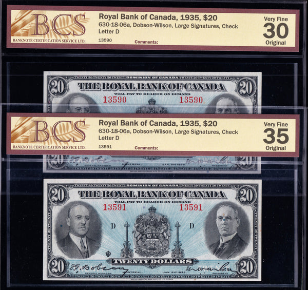 1935 Royal Bank of Canada $20 Consecutive Pair in VF/EF Condition