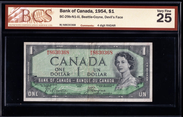 1954 Bank of Canada $1 Devils face "Radar" Graded BCS VF-25 (BC-29b-N1) Rare