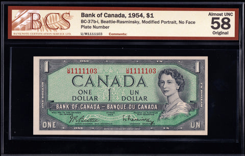 1954 Bank of Canada $1 "NO FPN" in BCS AU-58 Original (BC-37b-i)