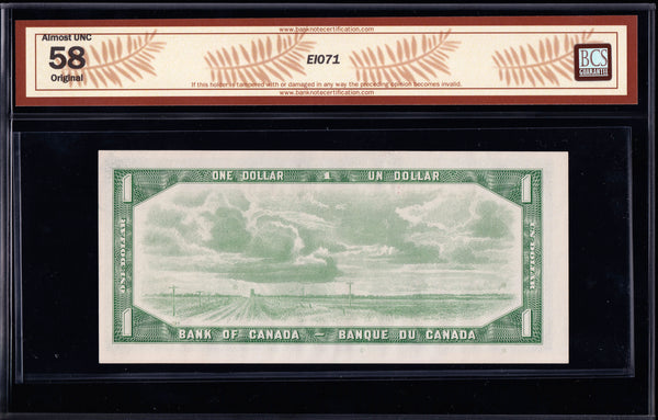 1954 Bank of Canada $1 "NO FPN" in BCS AU-58 Original (BC-37b-i)