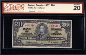 1937 Bank of Canada $20 "Osborne" in BCS VF-20 (BC-25a)