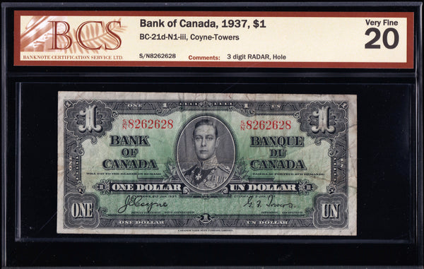 1937 Bank of Canada $1 "3 Digit Radar" in BCS VF-20 (BC-21c -N1)