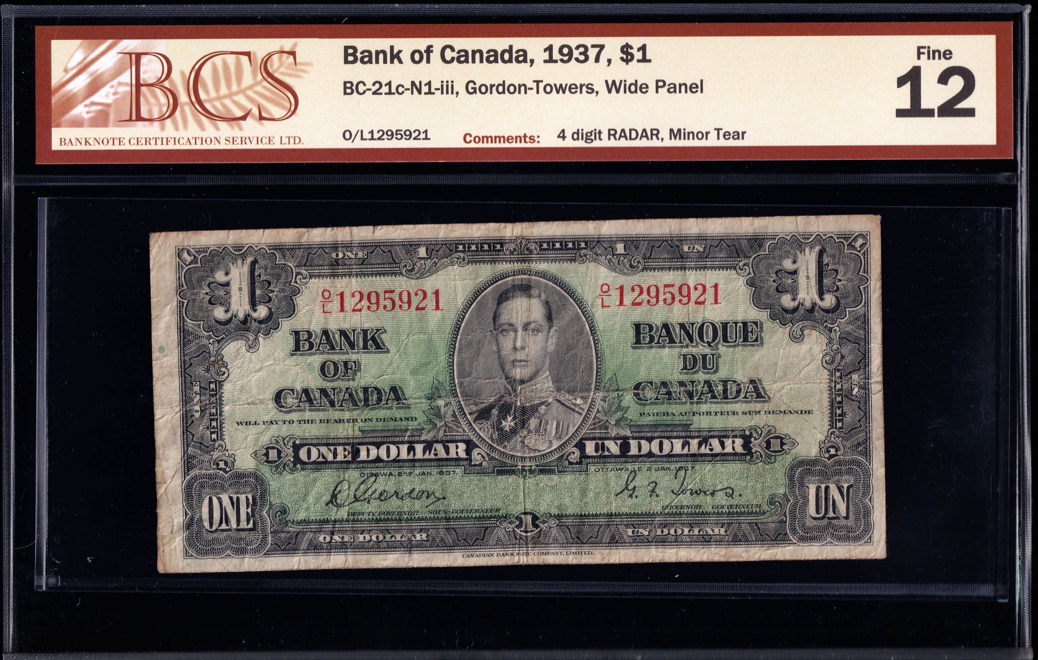1937 Bank of Canada $1 "Radar" in BCS Fine-12 (BC-21c -N1)
