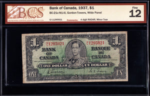 1937 Bank of Canada $1 "Radar" in BCS Fine-12 (BC-21c -N1)