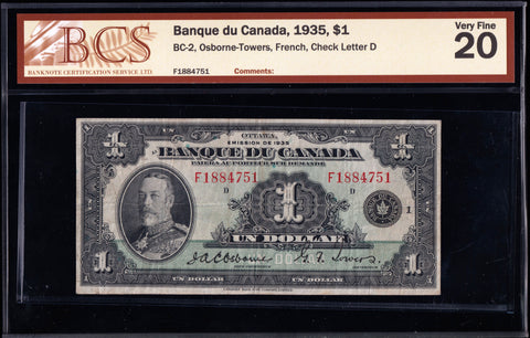 1935 Bank of Canada $1 "French" BCS VF-20 (BC-2)