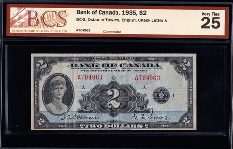 1935 Bank of Canada $2 "English" BCS VF-25 (BC-3)