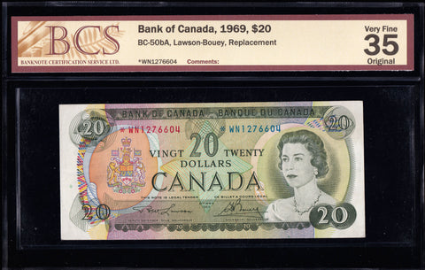 1969 Bank of Canada $20 "Replacement *WN" BCS VF-35 Original (BC-50bA)