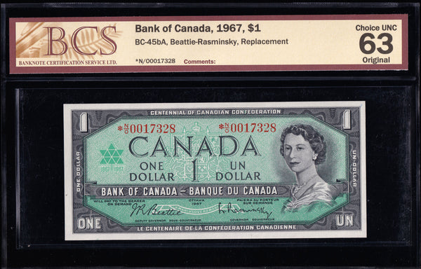 1967 Bank of Canada $1 "Sequential Replacement *N/O" BCS Choice UNC (BC-45bA)