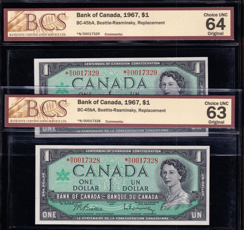 1967 Bank of Canada $1 "Sequential Replacement *N/O" BCS Choice UNC (BC-45bA)