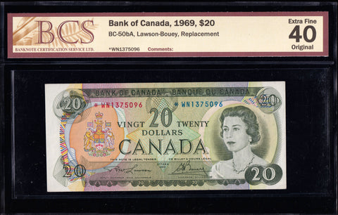 1969 Bank of Canada $20 "Replacement *WN" BCS EF-40 Original (BC-50bA)