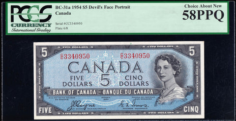 1954 Bank of Canada $5 "Devils face" PCGS AU-58 PPQ (BC-31a)