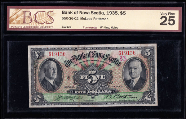 1935 Bank of Nova Scotia $5 BCS Certified VF-25