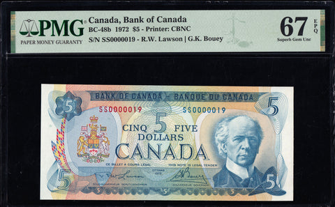 1972 Bank of Canada $5 "Low Serial 19" PMG Gem UNC-67 (BC-48b -N5)